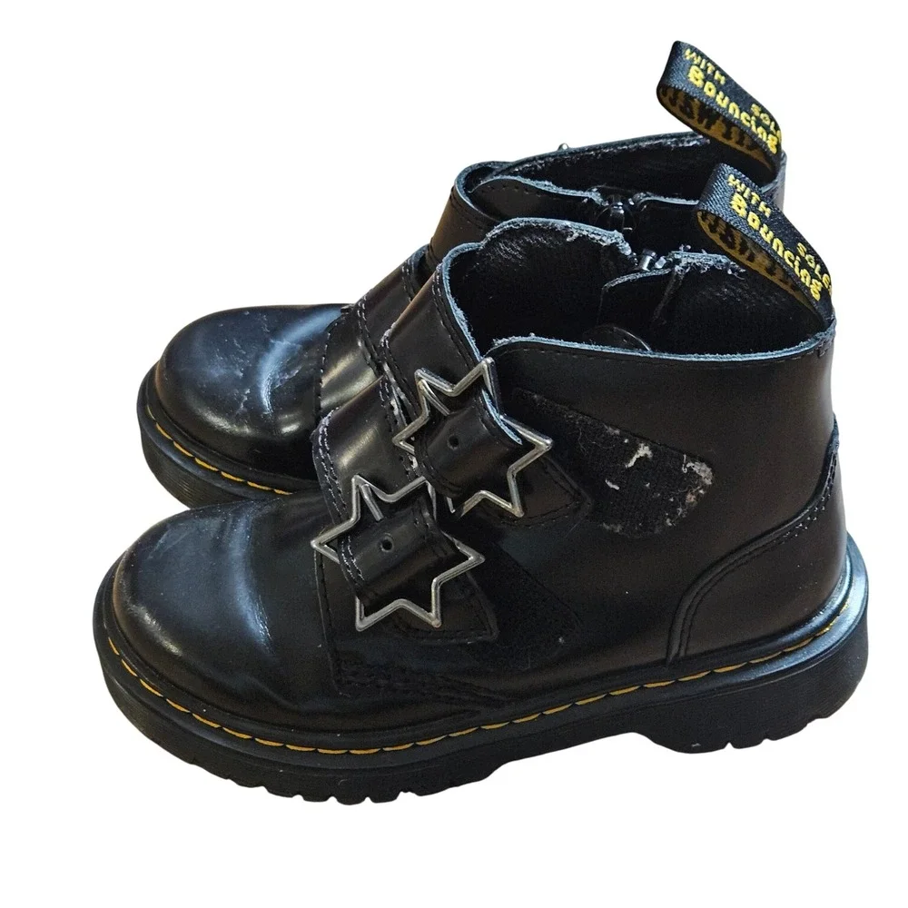 Dr. Martens Junior Devon Bex Leather Ankle Boots Star Buckle Side Zip‎ Girls 13